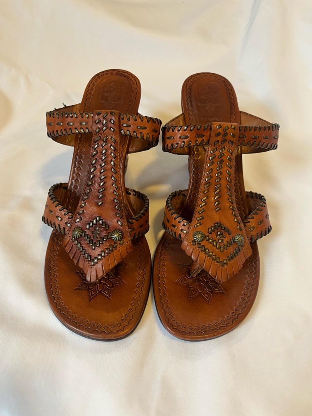 ASH Boho Leather Wedge Sandals Studded Brown Whipstitch Size 11
